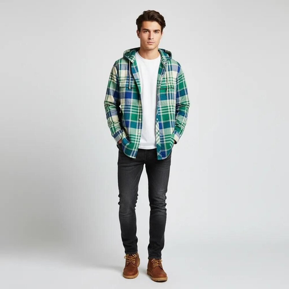 Burton Snowboards DryRide Green Plaid Hoodie Button Up Long Sleeve Shirt Men's S